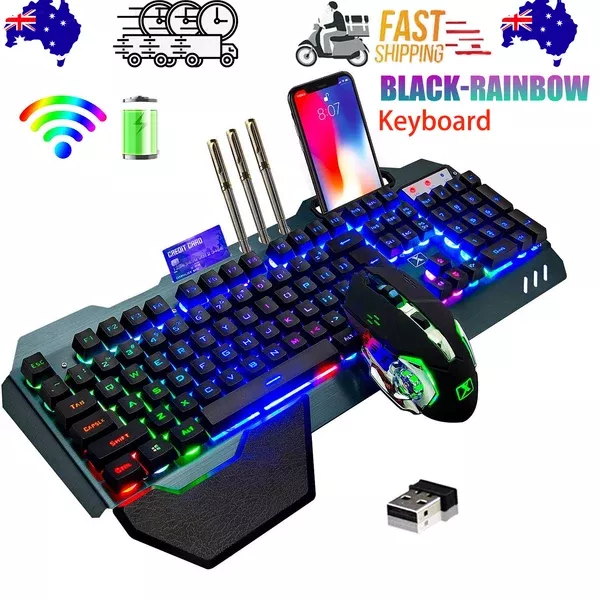 104 Keys Wireless Gaming Keyboard Mouse Set | Mouse Pad Included | RGB LED Backlit | PC/Laptop | Black-RGB