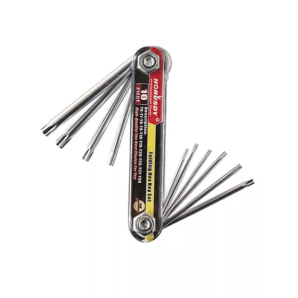 10pc Folding Torx Key Wrench Set | T6–T30 | Star Keys | Portable Multi-Tool | Silver