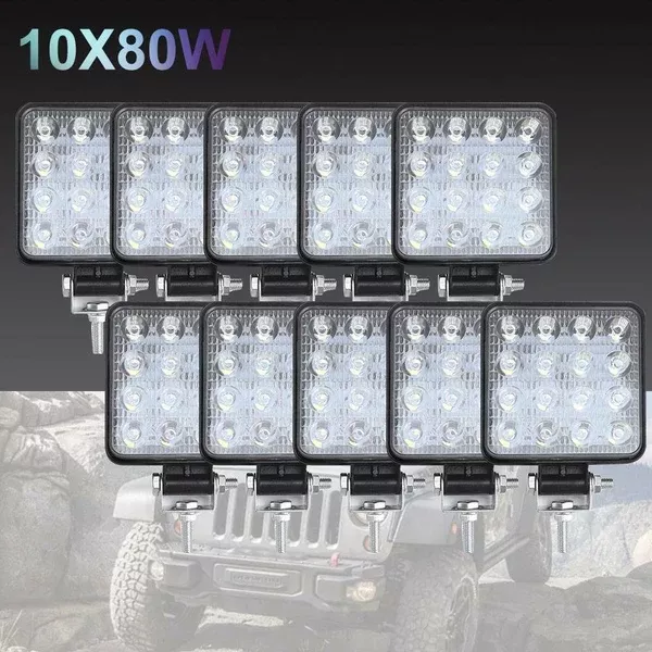 10PCS 80W CREE FLOOD LED Work Lights | 12V | Boat Camping Square 4 Inch Bar